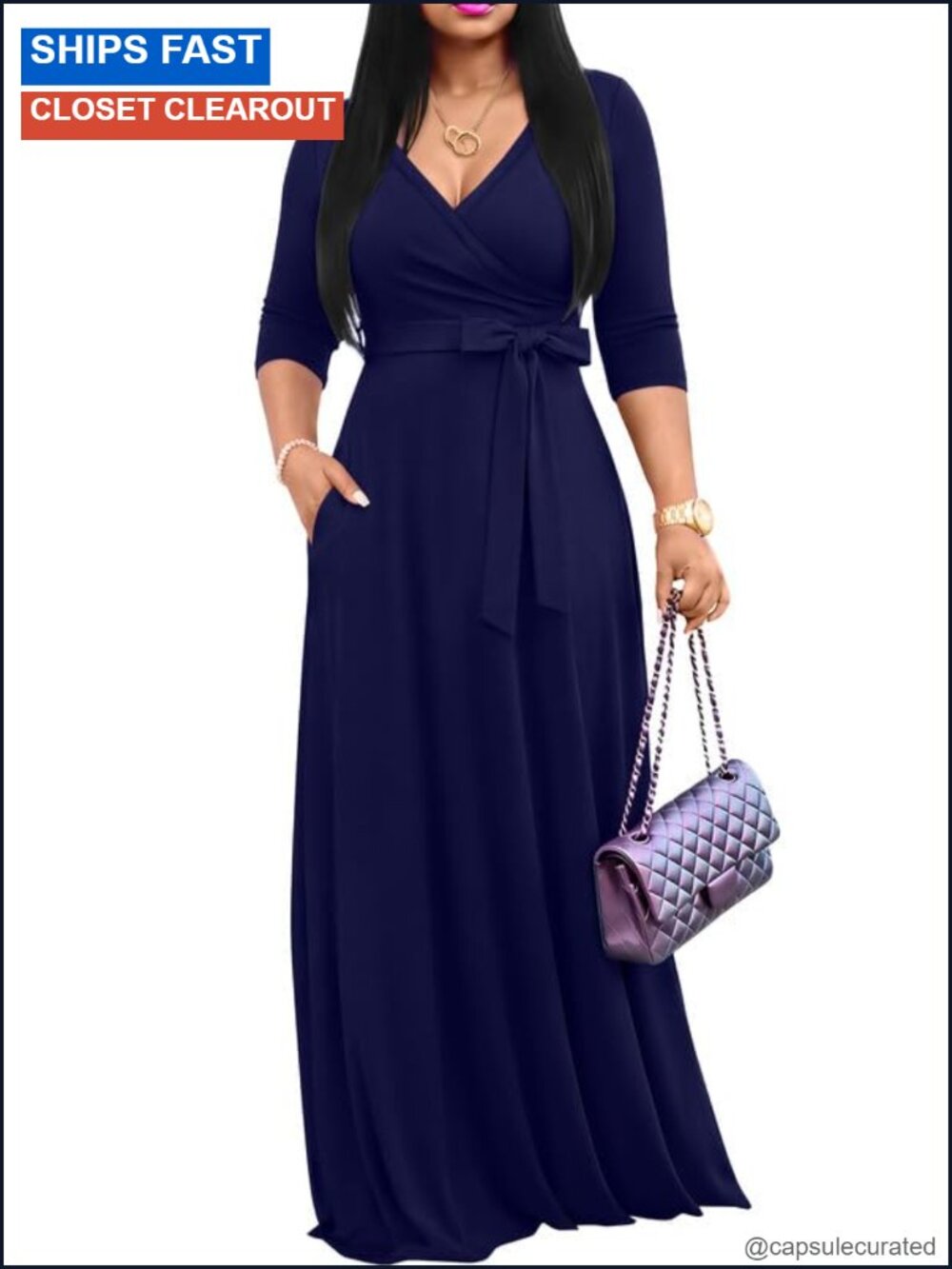 Women's Maxi Dress V-Neck 3/4 Sleeve Bohemian Summer Casual